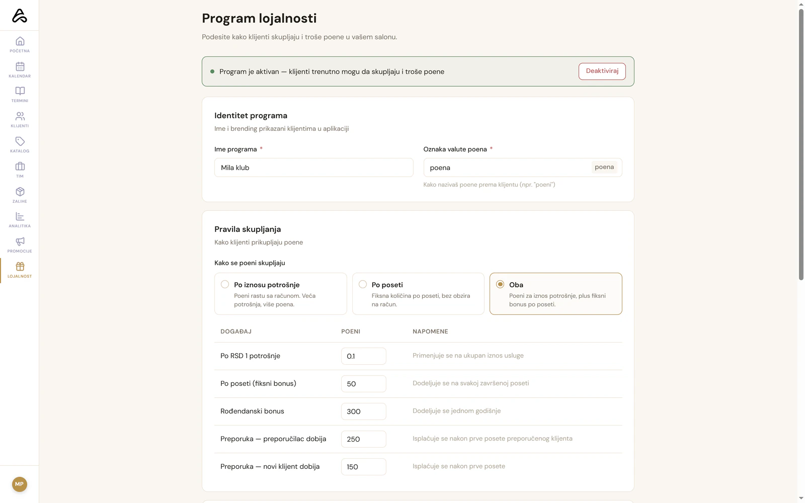 Lojalnost — Podešavanja programa lojalnosti