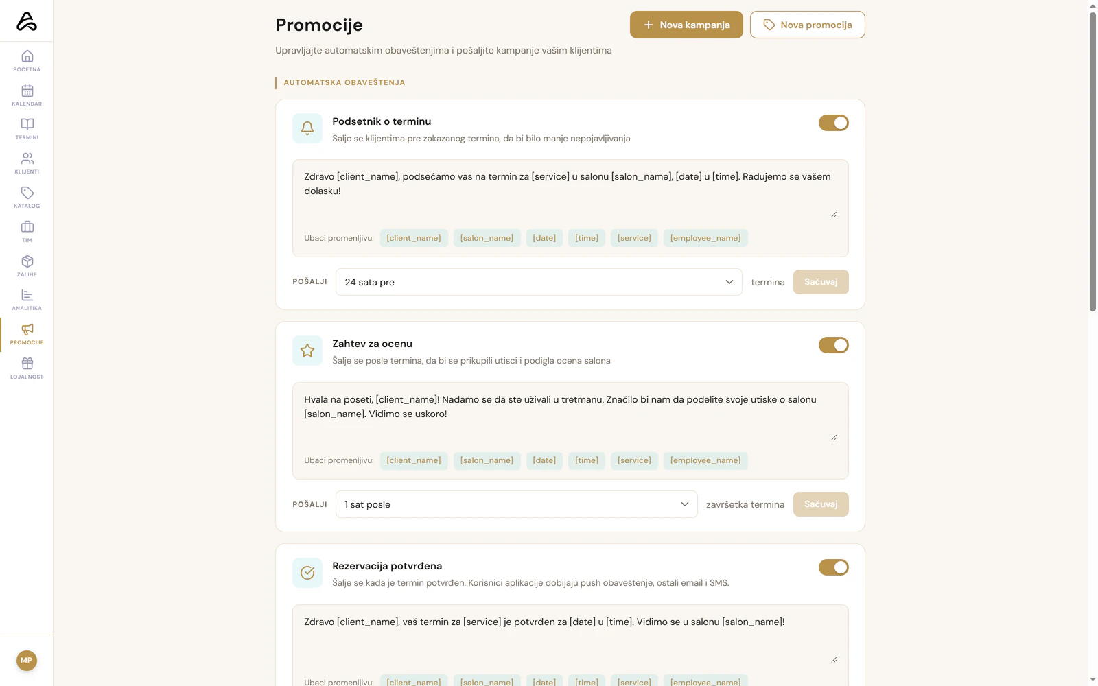 Marketing — Podsetnici za termine i poruke za recenzije